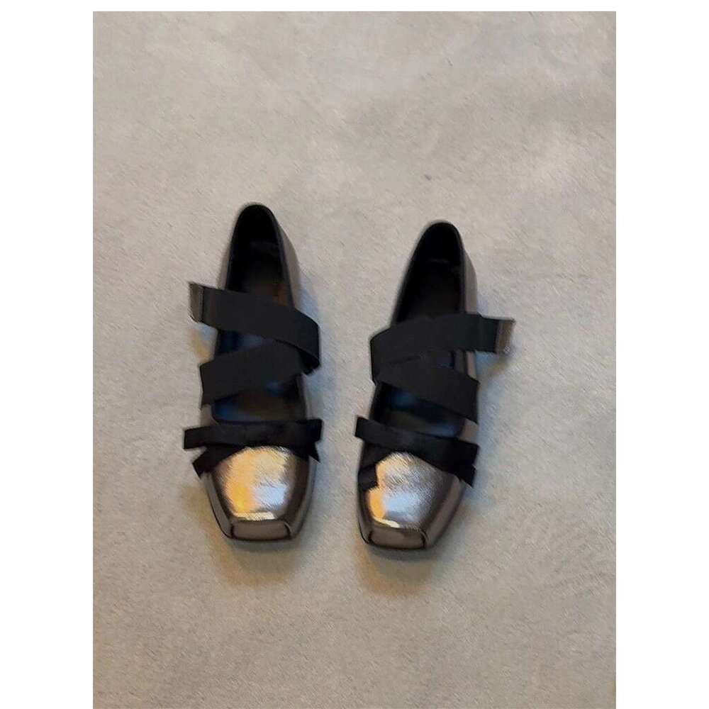 Genuine Leather Niche Bowknot Cross Velcro Low Heel Square Toe Ballet Shoes for Women 2025 Spring Mary Jane Flats