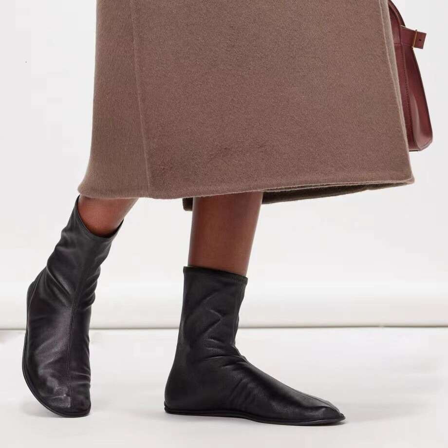 Genuine Leather Niche Design Square Toe Elastic Comfortable Flat Lazy Ankle Autumn New Versatile Slim Boots for Women