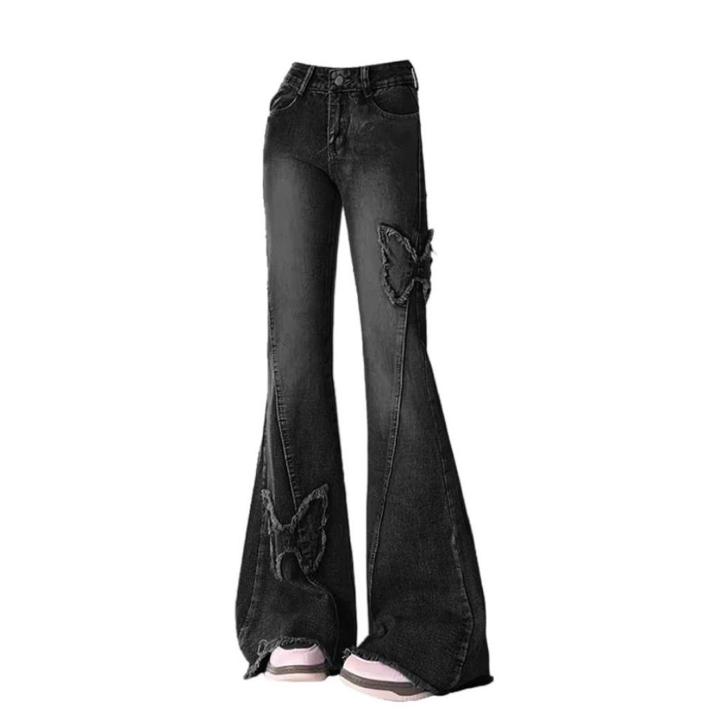 American Style Butterfly Embroidery Flared Jeans for Women Design High Waist Floor-Length Pants