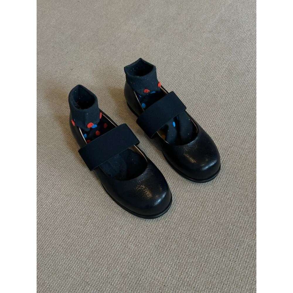 Genuine Korean Style Elastic Strap Mary Jane for Women 2024 New Autumn Round Toe Shallow Mouth Flat Leather Shoes
