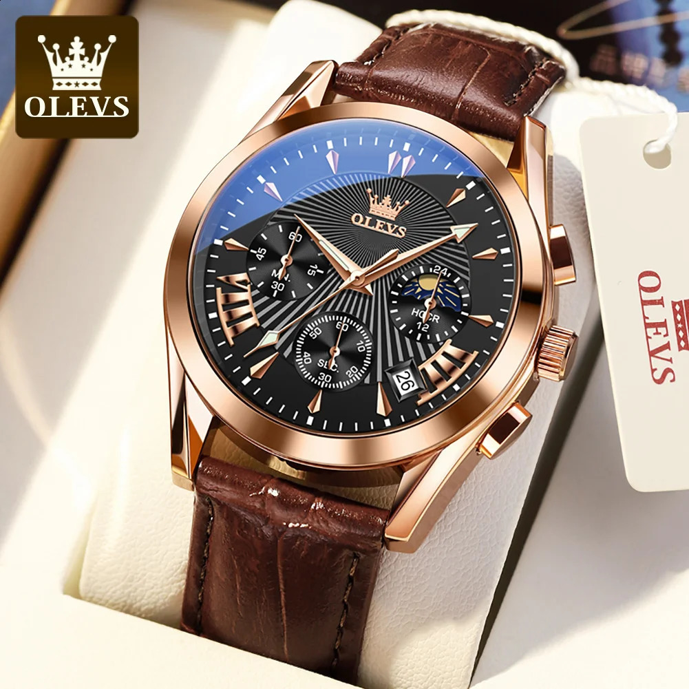 OLEVS Original Mens Watches High Quality Waterproof Quartz Watch for Men Fashion Leather Strap Man Wristwatch 250603