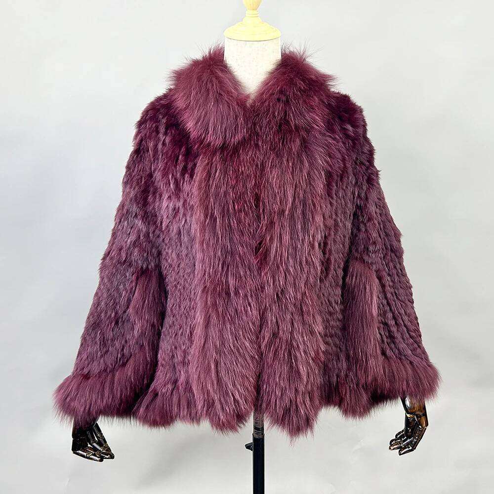Autumn Winter Ladies' Genuine Knitted Rabbit Shawls Fox Collar Women Fur Pashmina Wraps Bridal Cape Coat Jacket