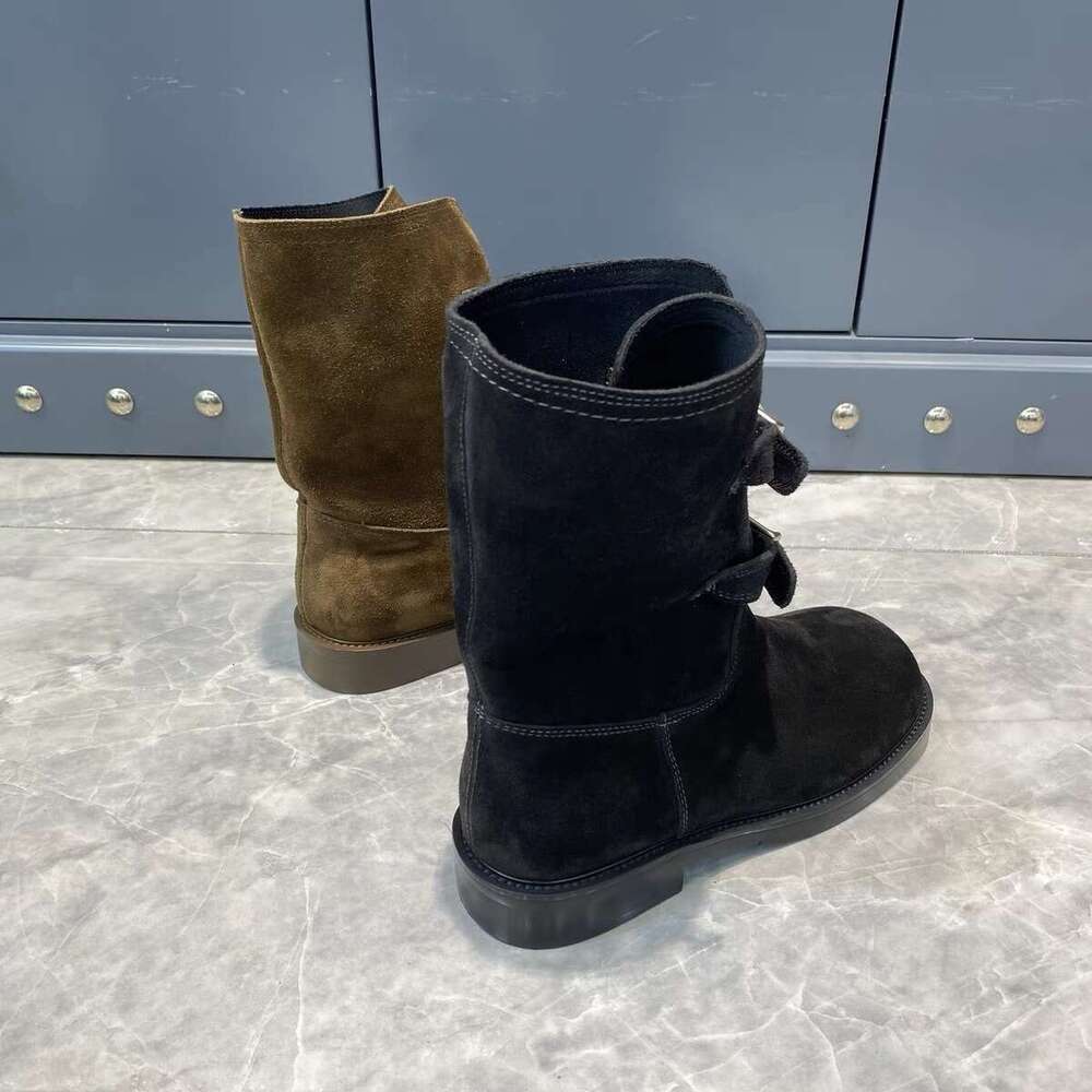 Genuine Leather Suede Round Toe Double Buckle Martin Western Cowboy Women 2024 New Autumn Winter Short Boots