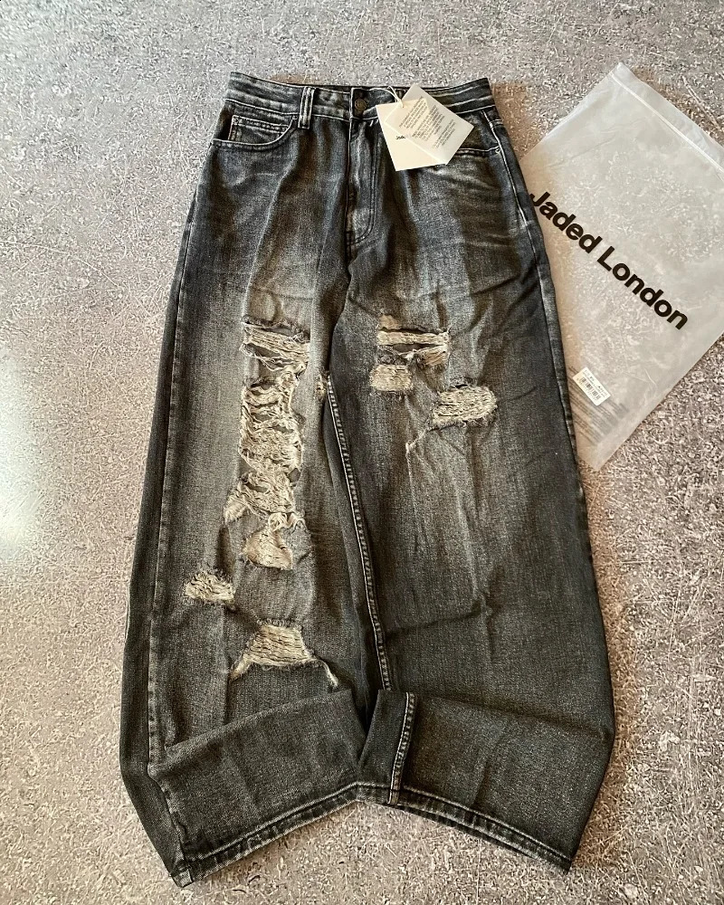 Y2K American Hole Oversized Printing Washed Old Casual Jeans Men Punk Fashion Vintage Hip Hop High Waist Wide Leg Pants 250526