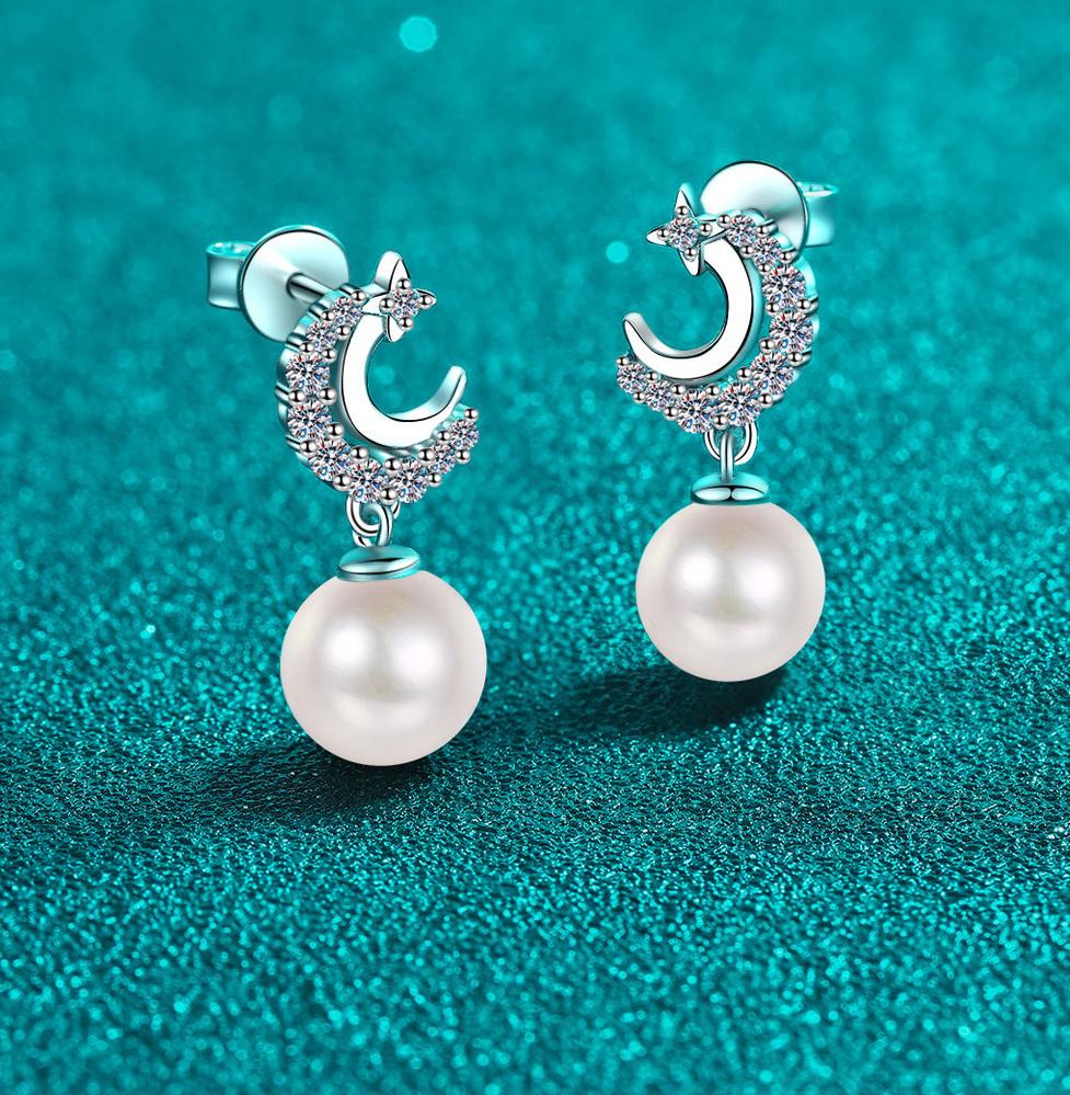 Moissanite S925 Silver Pearl Stud Earrings for Women, Fresh and Cute Star Moon Design, Sweet Fashionable Earrings with Elegant Charm