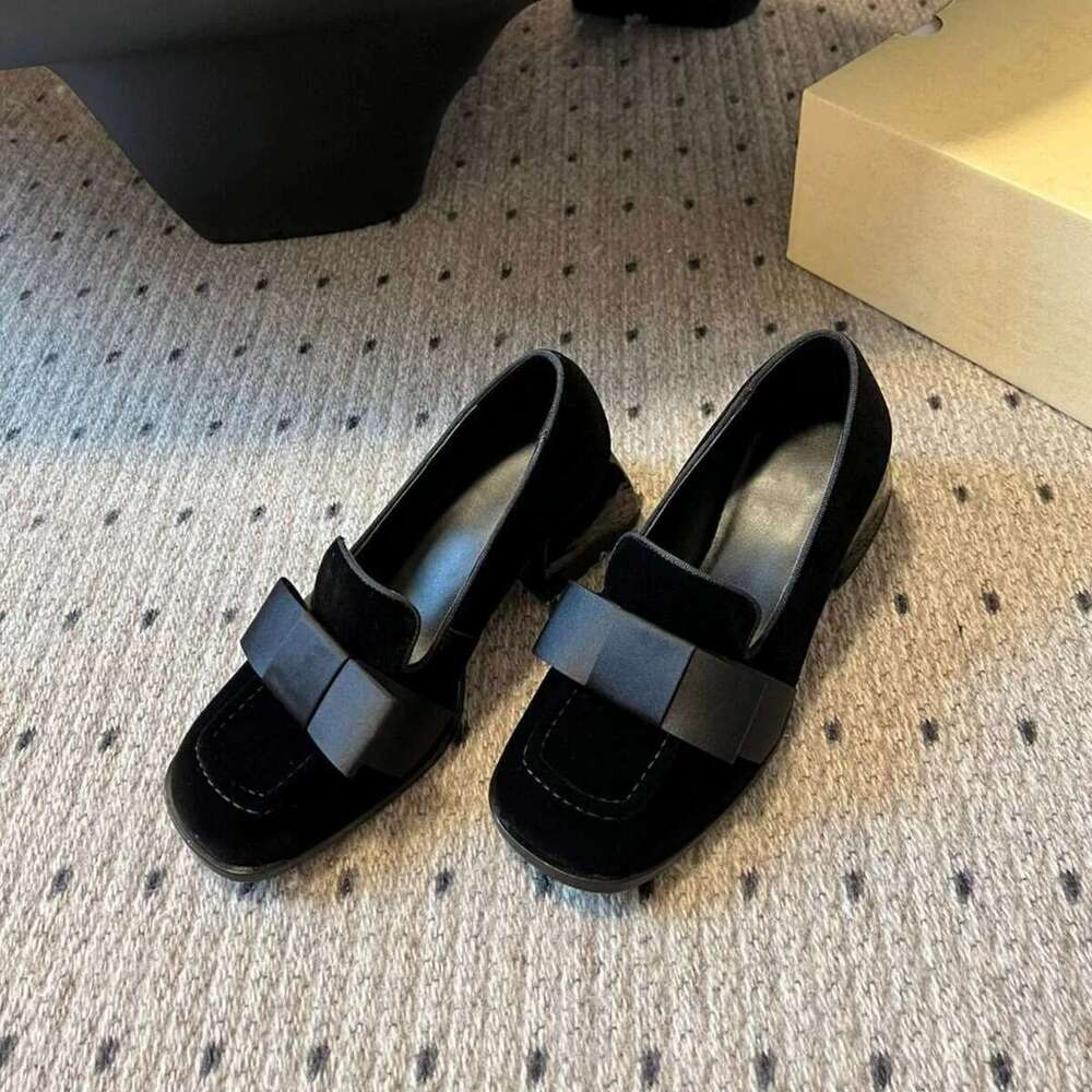Genuine Leather Suede Melard Square Toe Chunky Heel Loafers for Women Spring and Autumn New High-End Single Mary Jane Women's Shoes