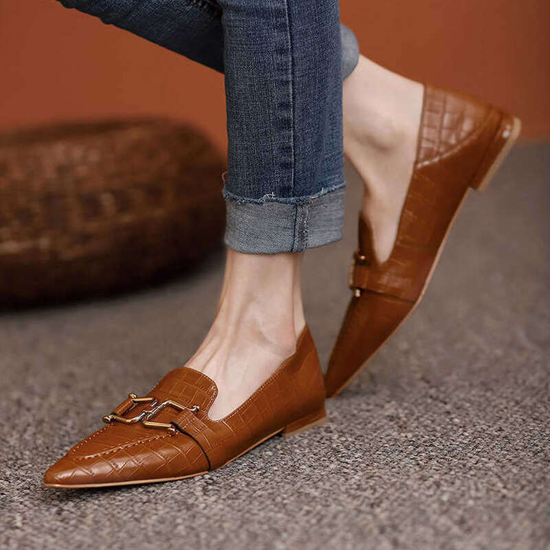 French Style Genuine Loafers Pointed Toe Metal Buckle Flat Small Slip-On Low Heel Mid-Open Soft Leather Single Shoes