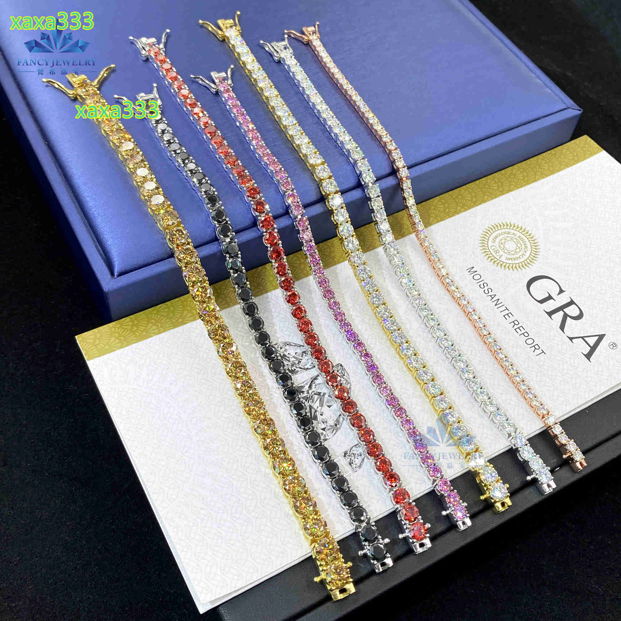 FancyJewelry 925 Sterling Silver Hip Hop Tennis Chain Necklace Yellow Red Pink Color 4mm Moissanite Diamond Gold Men Women