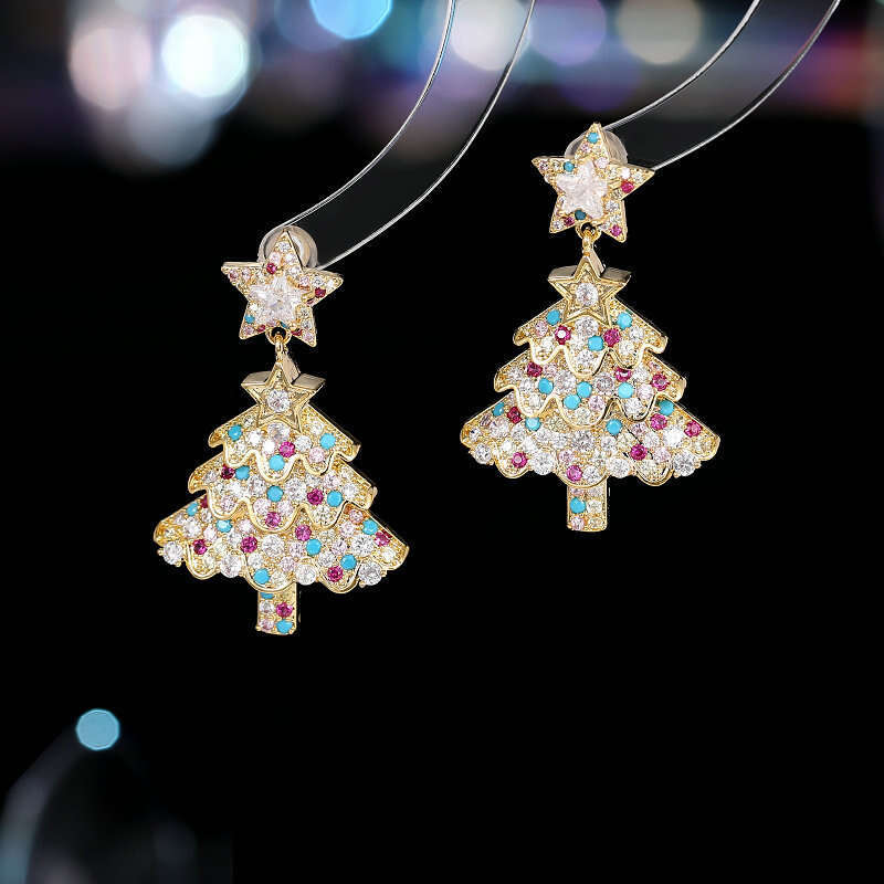 Trendy Fashionable Christmas Tree Earrings New Style Colorful Zircon Inlaid High-end Gift