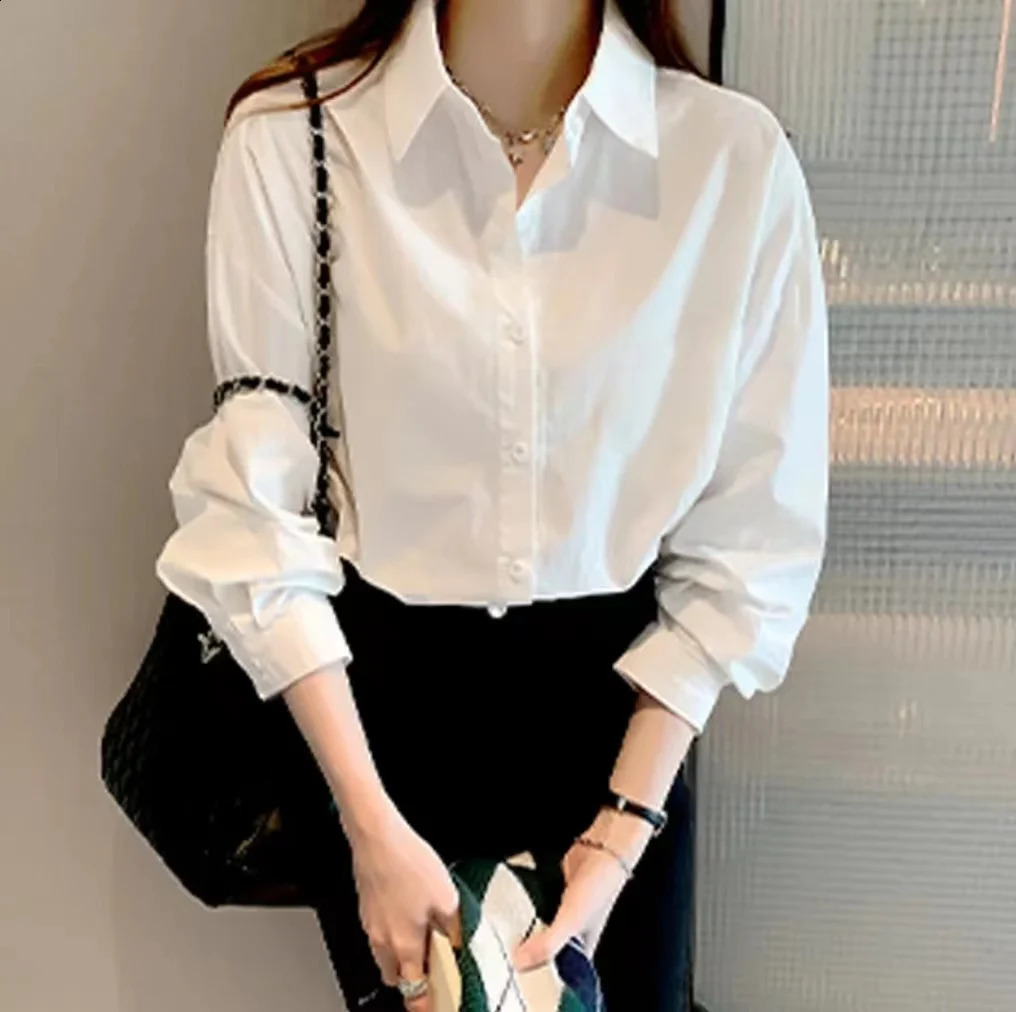 White Blouse Ladies 2023 Autumns Koreanstyle Longsleeved Casual Office Lady Shirt Loose Women Clothes Top Simple Shirts 250529Z