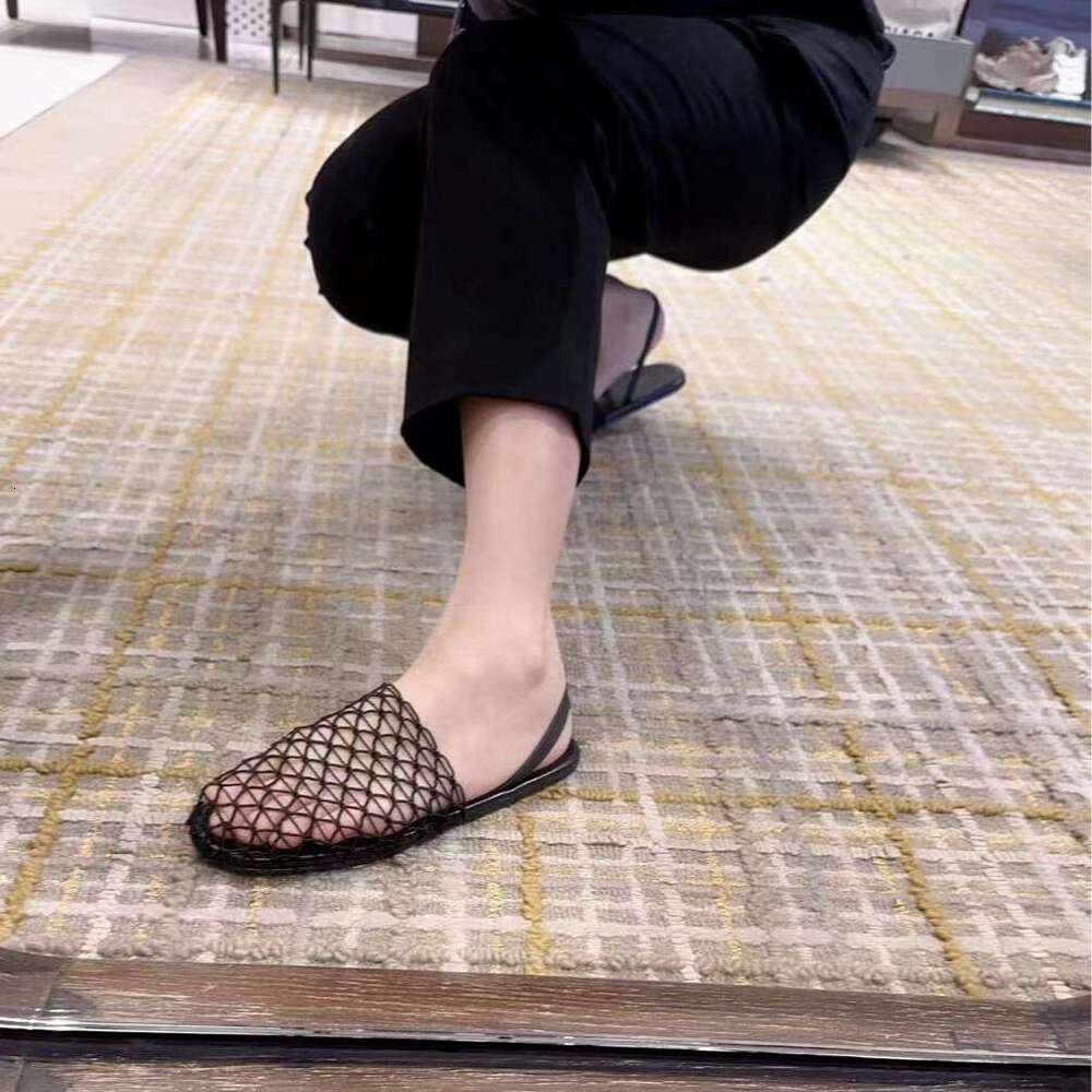 Niche Fishnet Woven Hollow Roman Sandals for Women Summer New Fisherman Flat Round Closed Toe Half Slippers