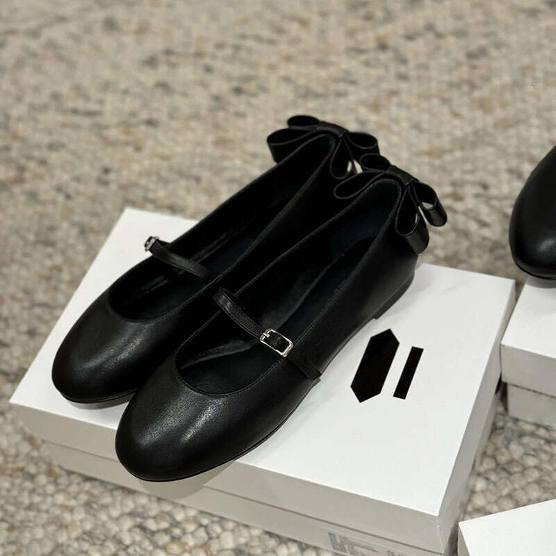Genuine Leather French Style Back Bowknot Shallow Mouth One-Strap Mary Jane for Women Spring and Autumn New Ballet Flat Shoes