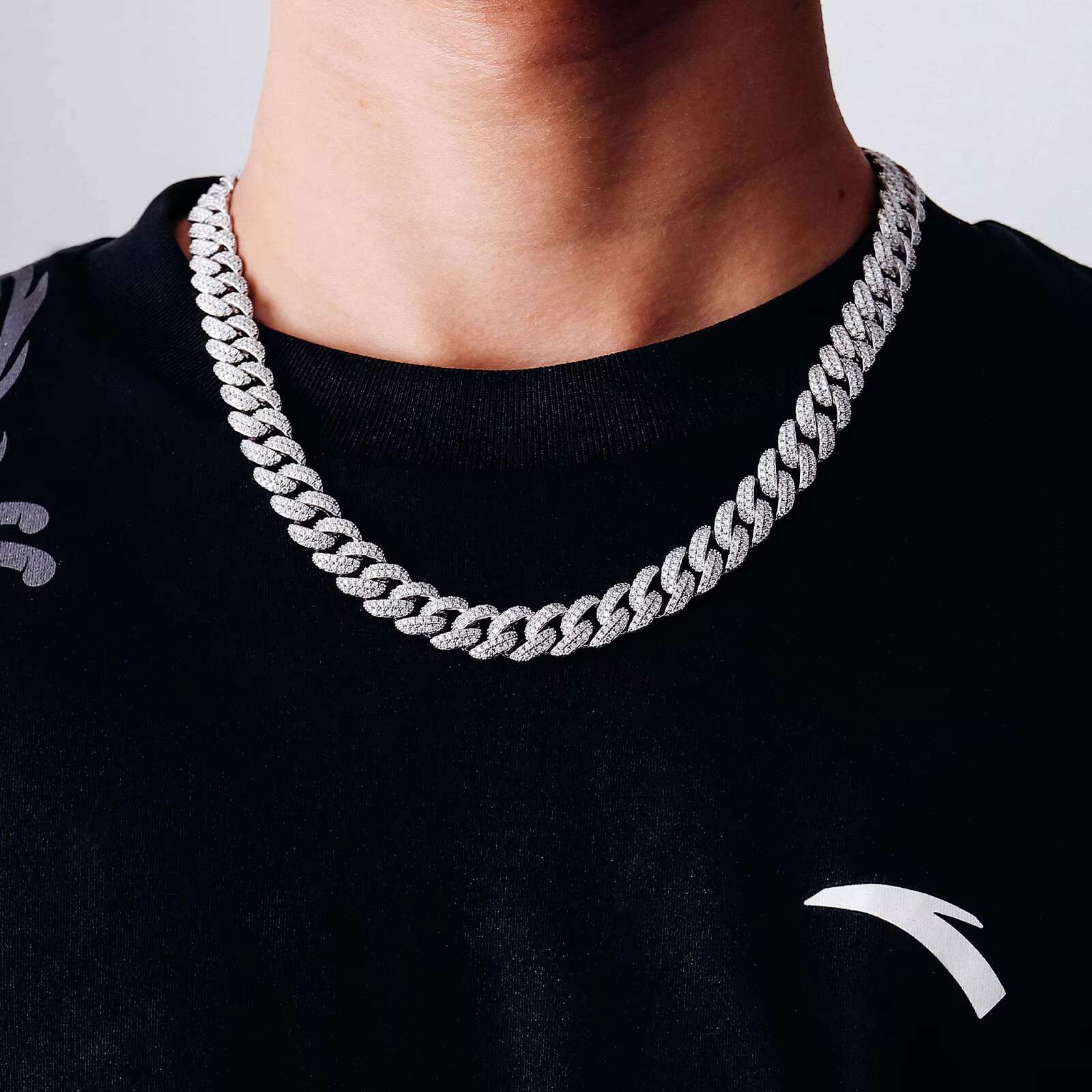 Factory Direct Sale Custom Cuban Link Chain Hip-hop Rap Style Necklace 10mm 925 Silver with Moissanite 2 Rows of Stones Gift