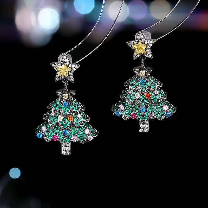 Trendy Fashionable Christmas Tree Earrings New Style Colorful Zircon Inlaid High-end Gift