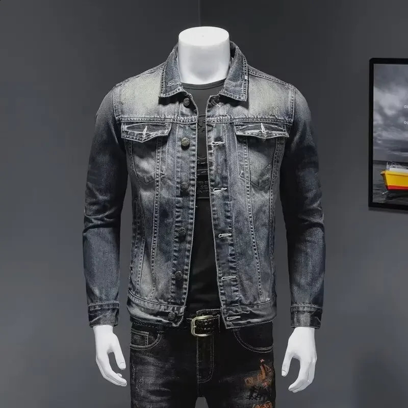 Mens Denim Jacket American Style Vintage Wash Distressed Casual Slim Fit Smooths Your Silhouette Long Sleeve Denim Blazer Trend 250521
