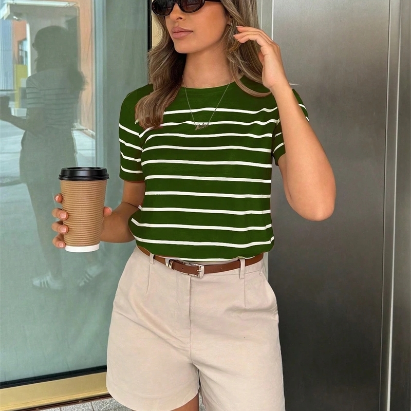 Womens Striped Casual Versatile TShirt Graphic Tees Round Neck Loose Classic Short Sleeve Vacation Entertainment Top 250514