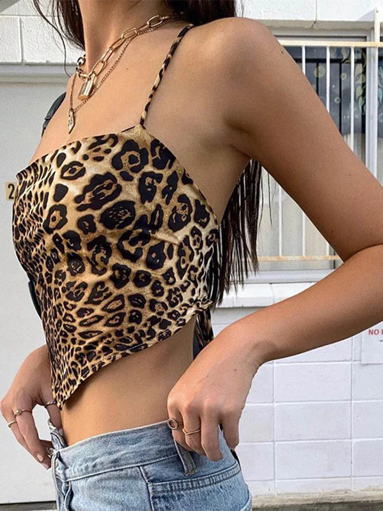 Leopard Pattern Women Tank Tops Backless Sexy Rave Outfits Sleeveless Cross Lace Up Bralette Crop Top Summer Streetwear 250527
