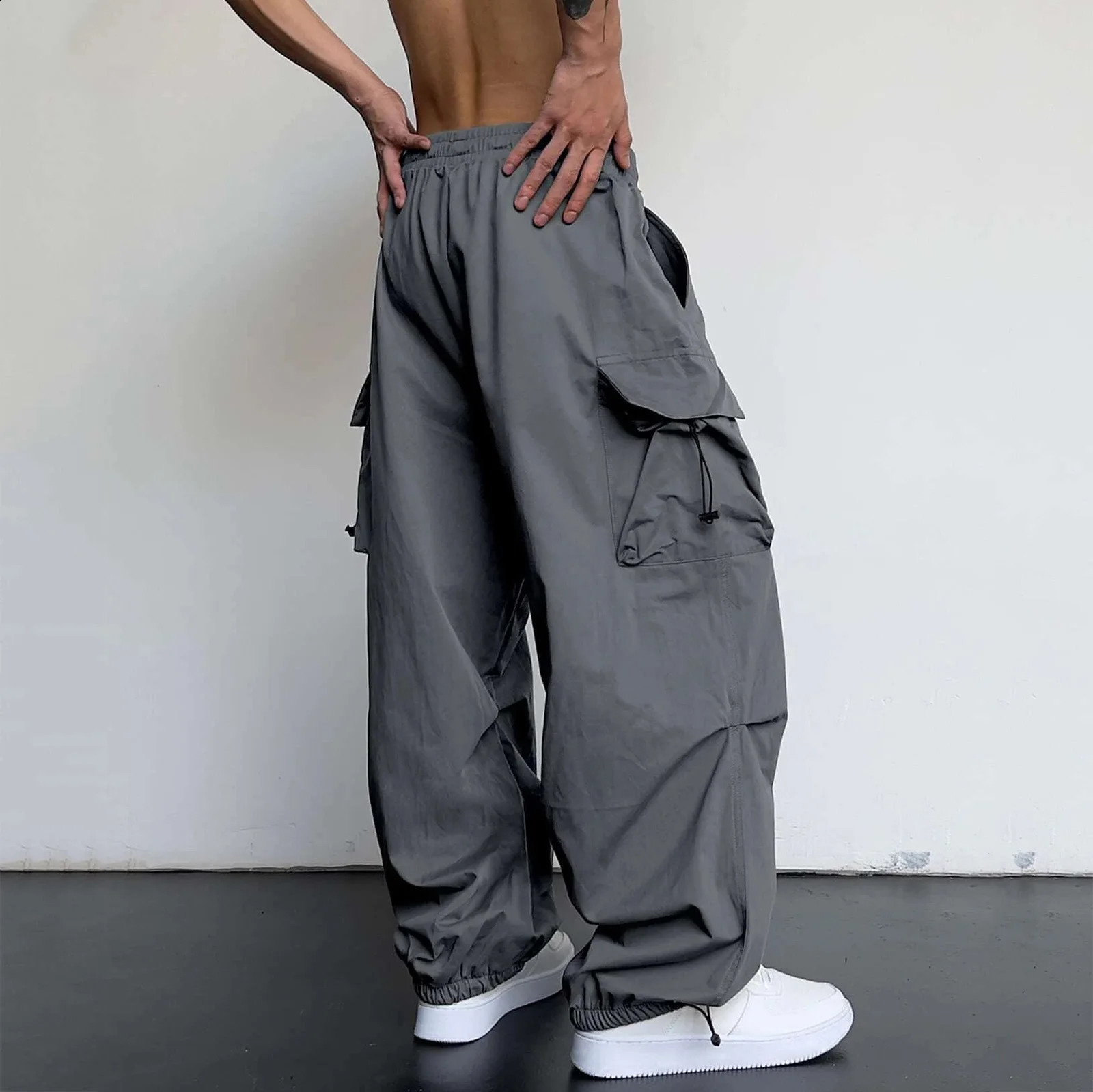 Mens Streetwear Cargo Pants Casual High Waist Pocket Solid Wide Leg Pants Male Retro Cargo Harem Pants Y2k Clothing Pantalones 250527