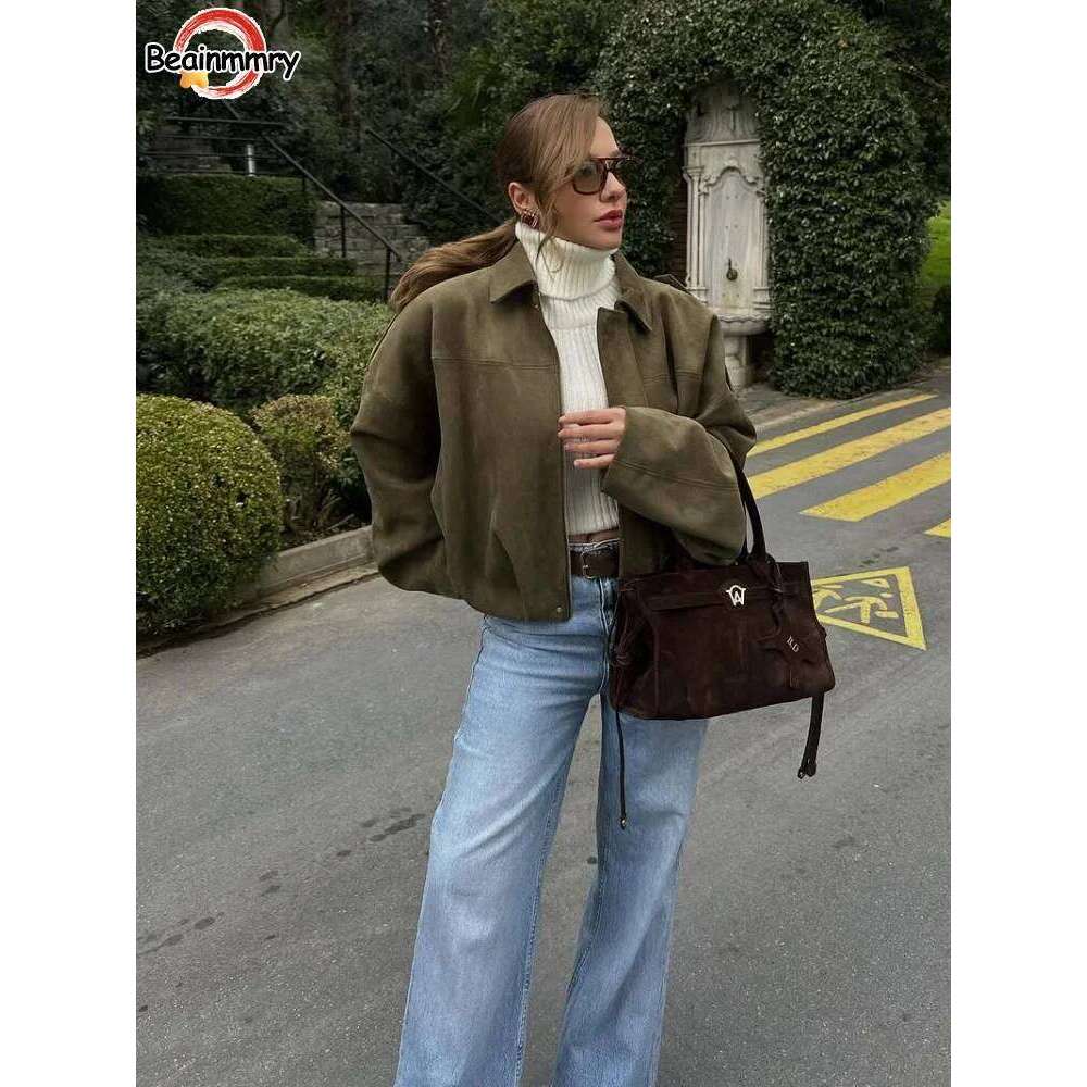 Fashion Women Green Suede Jacket 2025 New Spring Lapel Long Sleeve Zipper Oversize Bomber Coat Chic Female High Street Outerwear