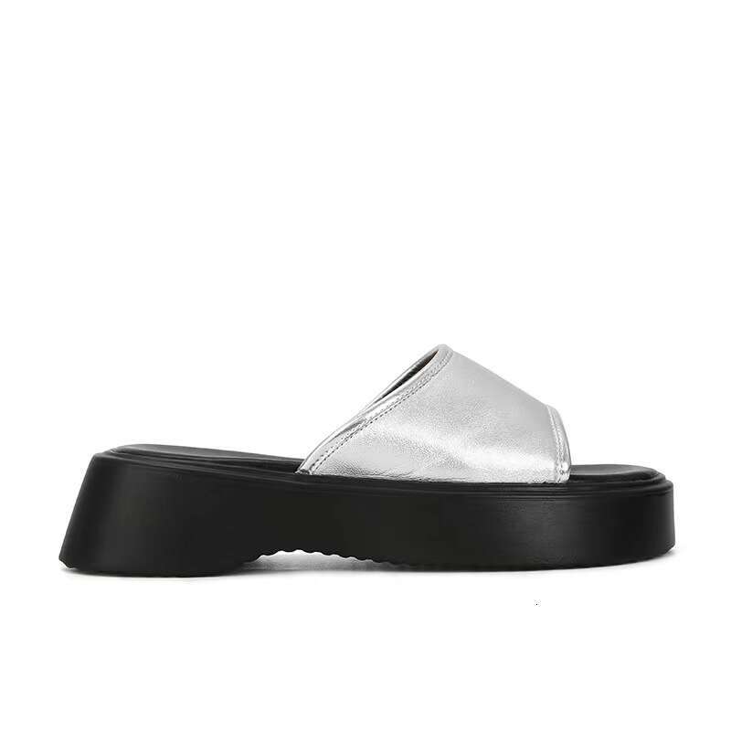Instant Dispatch Su Yinyin Same Style Korean Version Round Toe One-Word Casual Thick-Soled Genuine Leather Slippers for Women Summer Outdoor Fashion