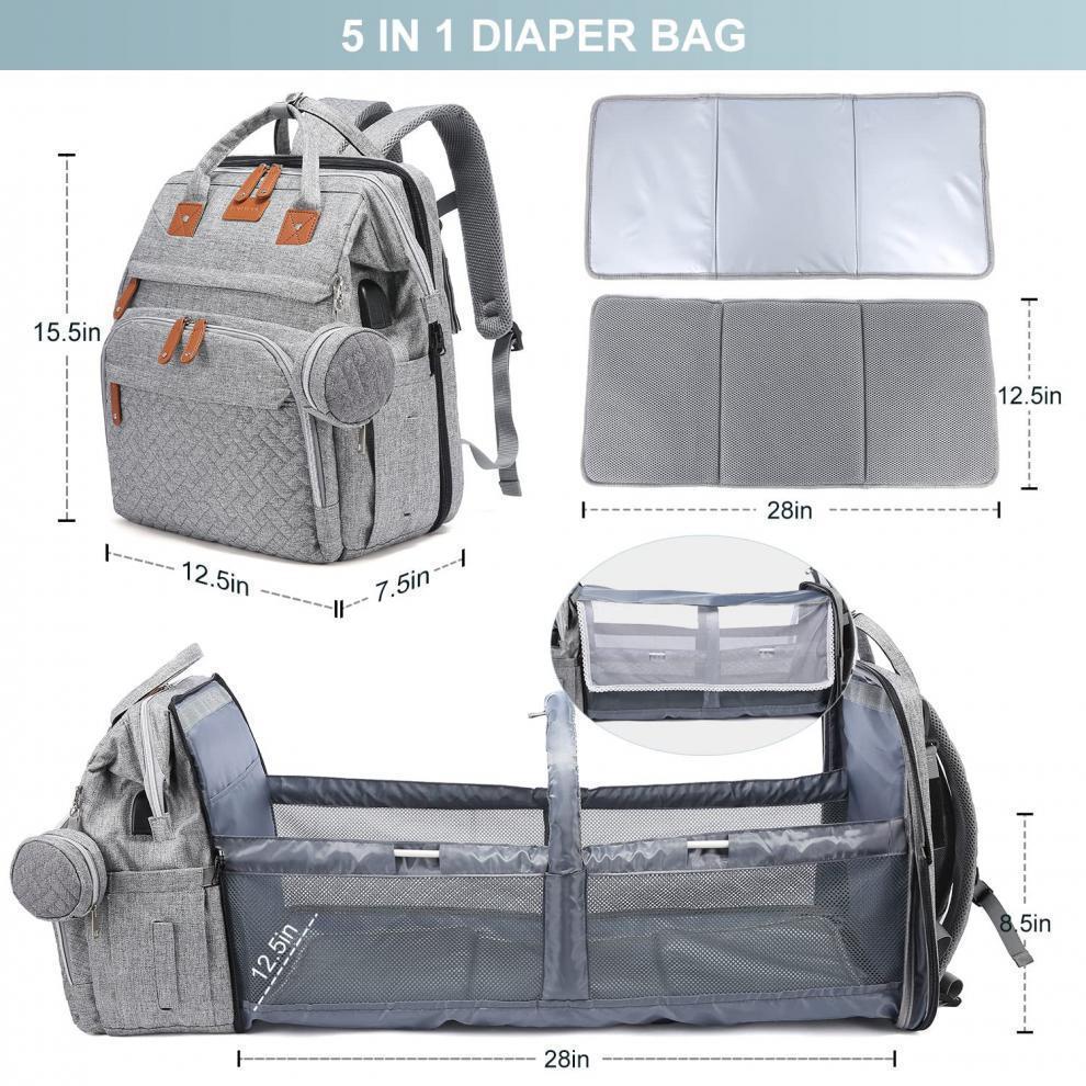 Waterproof 3 In 1Diaper Bag Backpack Foldable Baby Bed Travel Bag with USB Charge Diaper Bag Backpack with Changing Bed 3 types