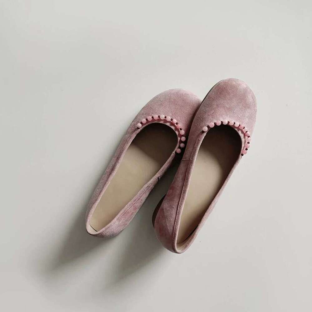Genuine Leather Beaded Shallow Round Toe Low Heel Single for Women 2025 Spring New Versatile Flat Loafers Women's Shoes