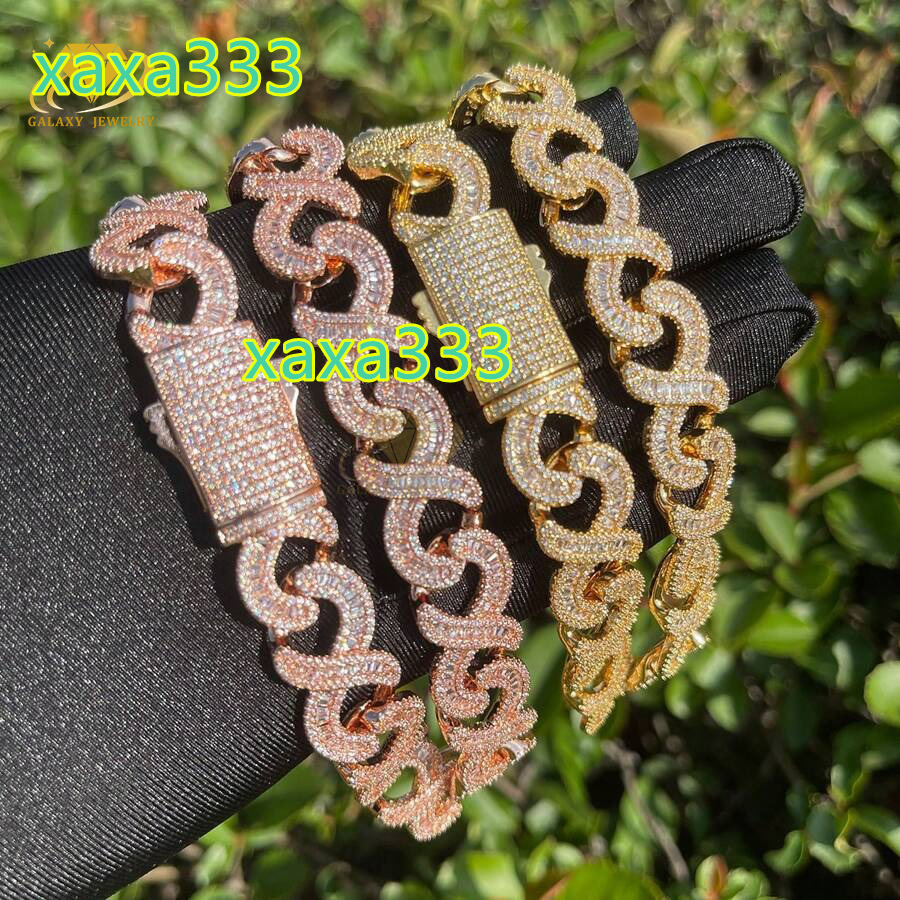 Hot Sale Real Gold Plated 925 Silver Iced Out Hip Hop Baguette Moissanite 20mm Infinity 8 Cuban Link Chain Necklace for Men