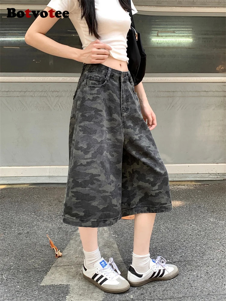 Botvotee Camo Calf Length Jeans for Women High Waisted Wide Leg Baggy Denim Camouflage with Pockets Summer Fashion Pants 250516