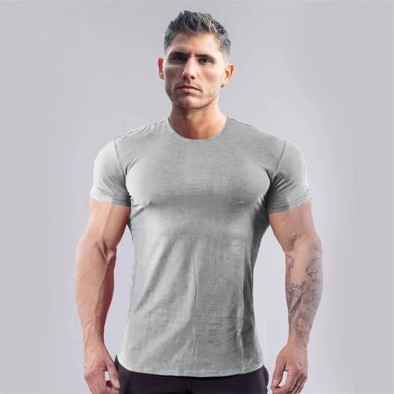 Men's 100% Cotton Summer Sports T-Shirt Slim Fit Short Sleeve Elastic Neck Breathable Thin Muscle Gym Shirt Dyed Solid Color