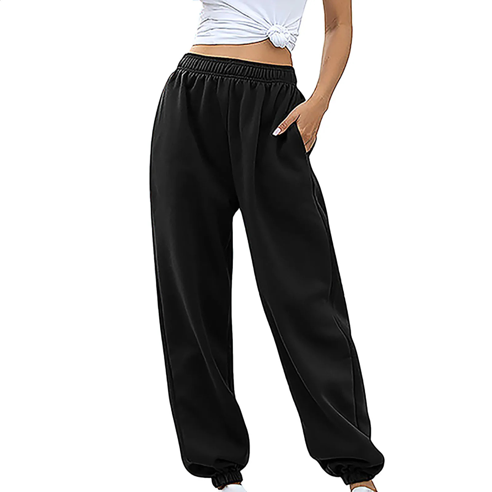 Woman Sport Pants Solid Color Casual Sweatpants Joggers Elastic High Waist Trousers With Pockets Pantalones Holgados Mujer 250529Z