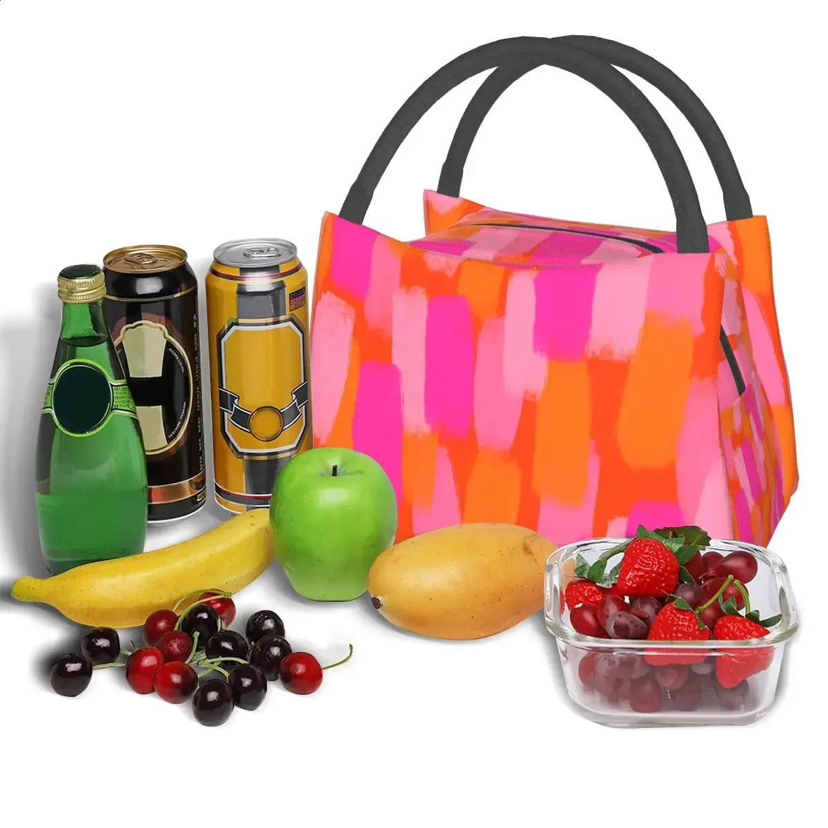 Abstract Paint Brush Lunch Bag For Women Pink and Orange Box Retro Outdoor Picnic Cooler Portable Thermal Bags 250528