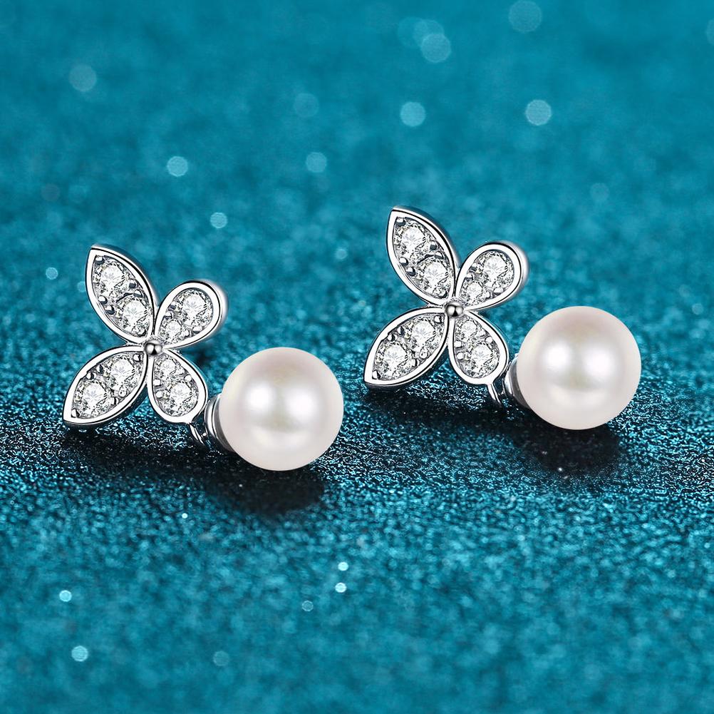 S925 Sterling Silver Moissanite Pearl Butterfly Stud Earrings for Women, Niche Design, Fashionable, Chic, Light Luxury Jewelry