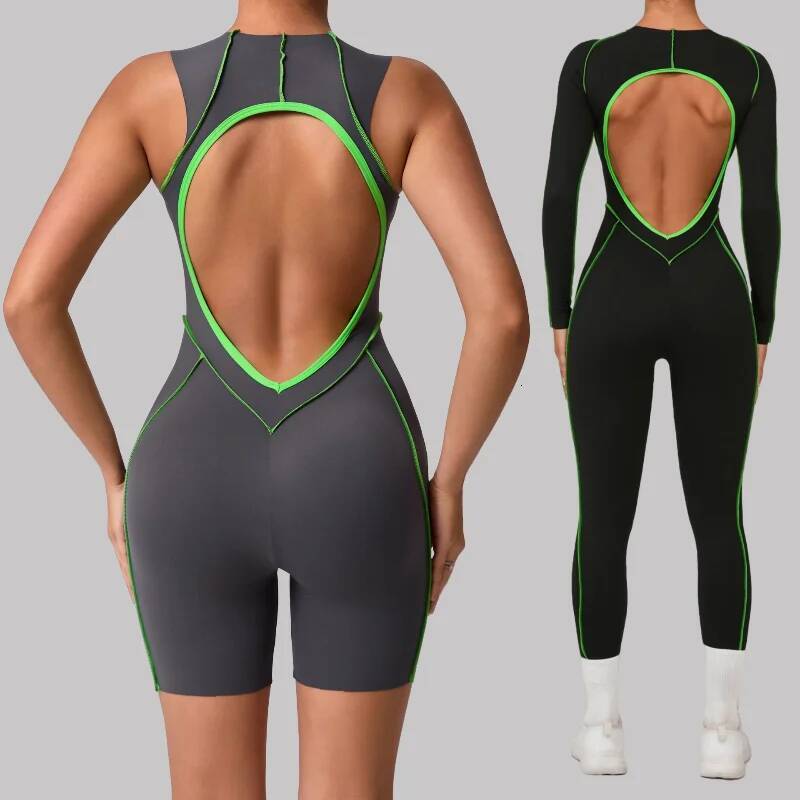 Seamless Jumpsuit Sports Fiess Hip-lifting Line Contrasting Color Tight Onesie Backless One-piece Yoga Bodysuit for Women