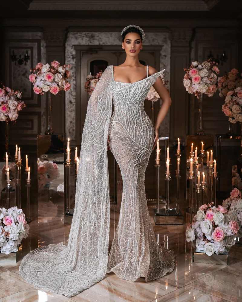 Glitter Pearls Wedding Dress Sparkly Sequined Lace Mermaid Bridal Gown Fashion One Shoulder Beaded Bride Dresses Customized