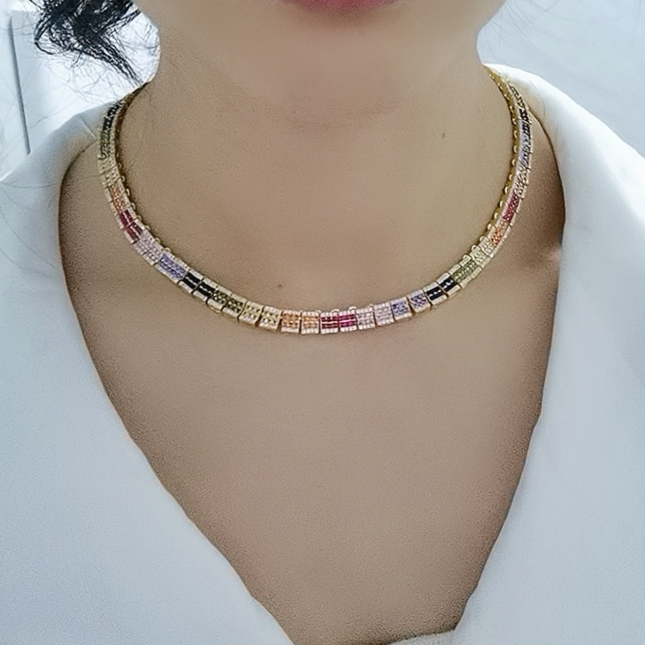 sdzstone 2025 NEW design Iced Out Rainbow Colorful Tennis Necklace Square Cubic Zirconia Paved Tennis Chain Cuban Link Dainty Jewelry Gift