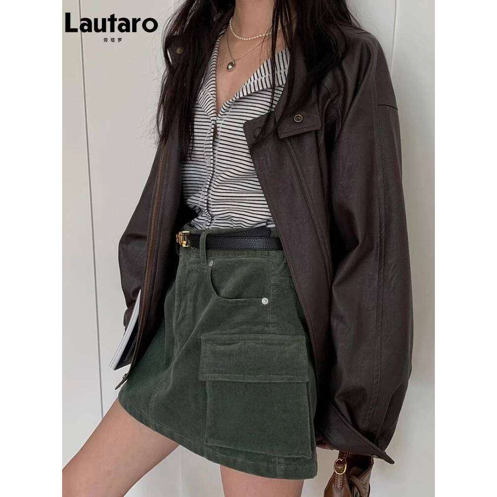 Lautaro Autumn Cool Brown Oversized Leather Jacket Women Drop Shoulder Long Sleeve Zippper High Quality American Retro Clothing