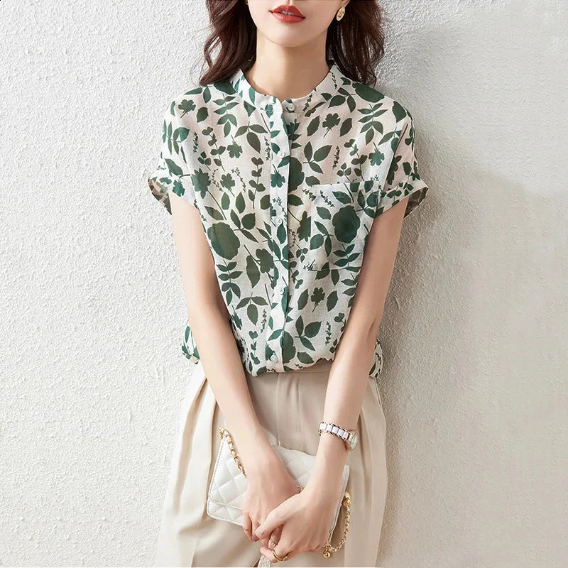 Women Summer Style Blouses Tops Lady Casual Short Sleeve Stand Collar Flower Printed Blusas Tops 250529Z