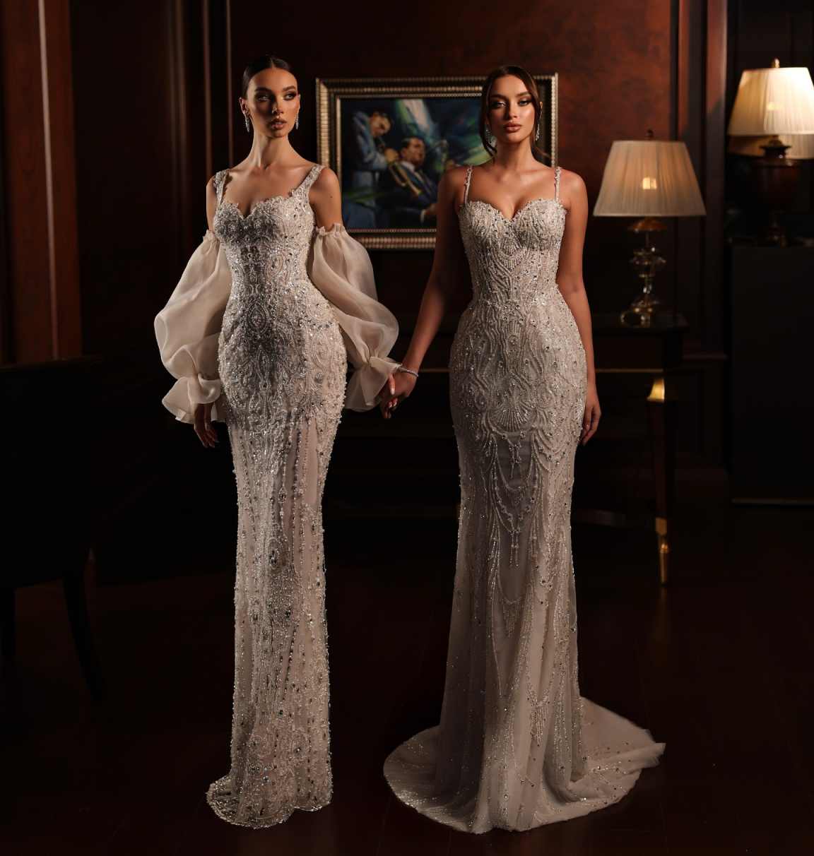 Elegant Sweetheart Wedding Dresses Sexy Beaded Lace Crystal Wedding Dress Floor Length Detachable Train Customized Bridal Gowns