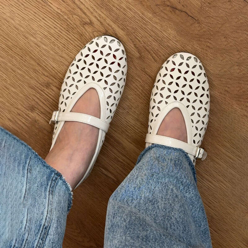 Genuine Leather Hollow Laser Hole One-Strap Flat Ballet Mary Jane Shoes Women's Spring Summer Sandals
