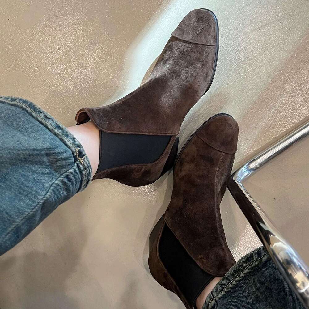 French Style Melard Short for Women 2024 Autumn Winter Fleece Lined Chunky Heel Round Toe Martin Chelsea Denim Boots