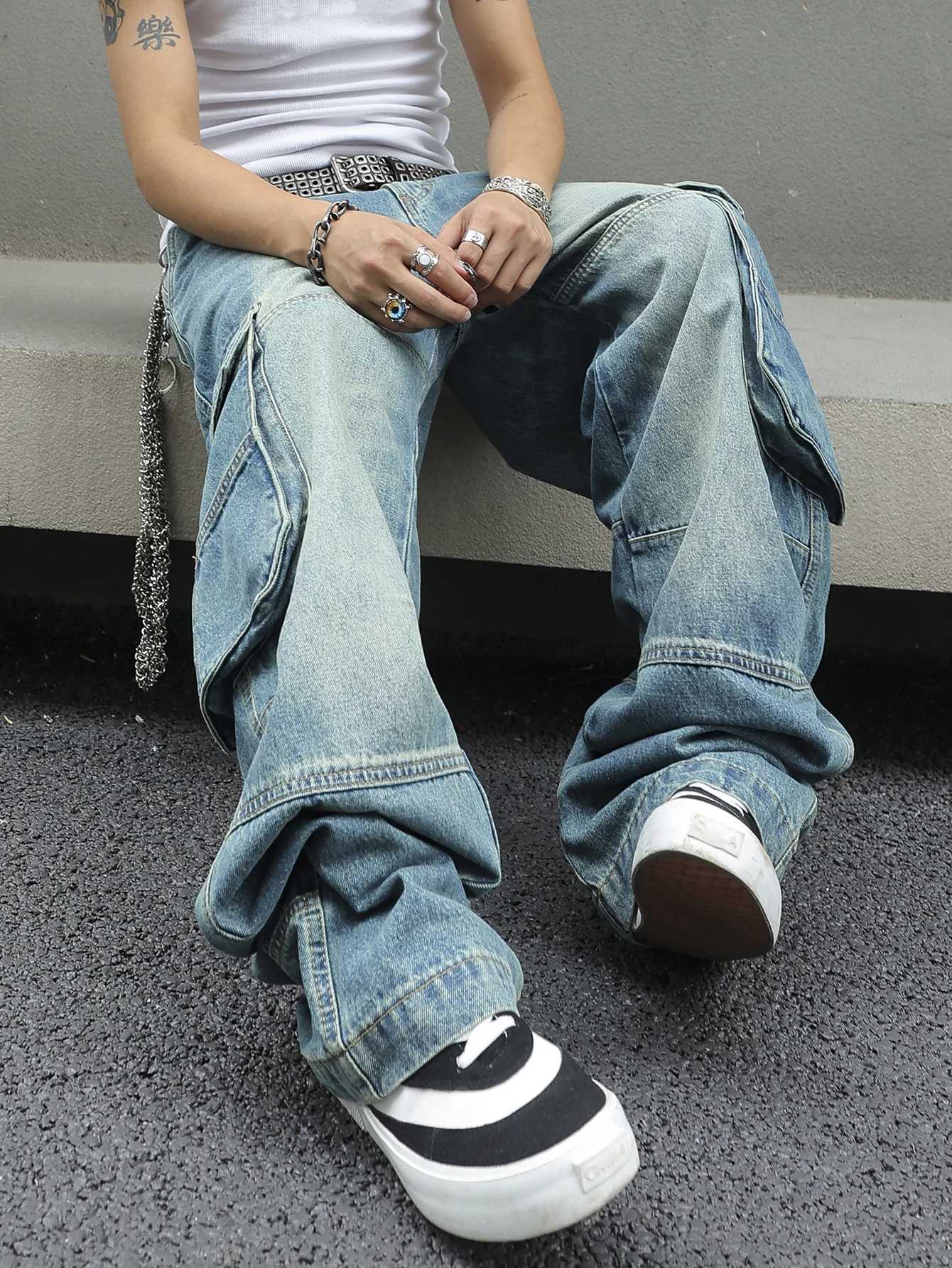 Mens Baggy Denim Cargo Pants Multi-Pocket Wide-Leg Jeans Vintage Washed Loose Fit Strtwear StyleC250528