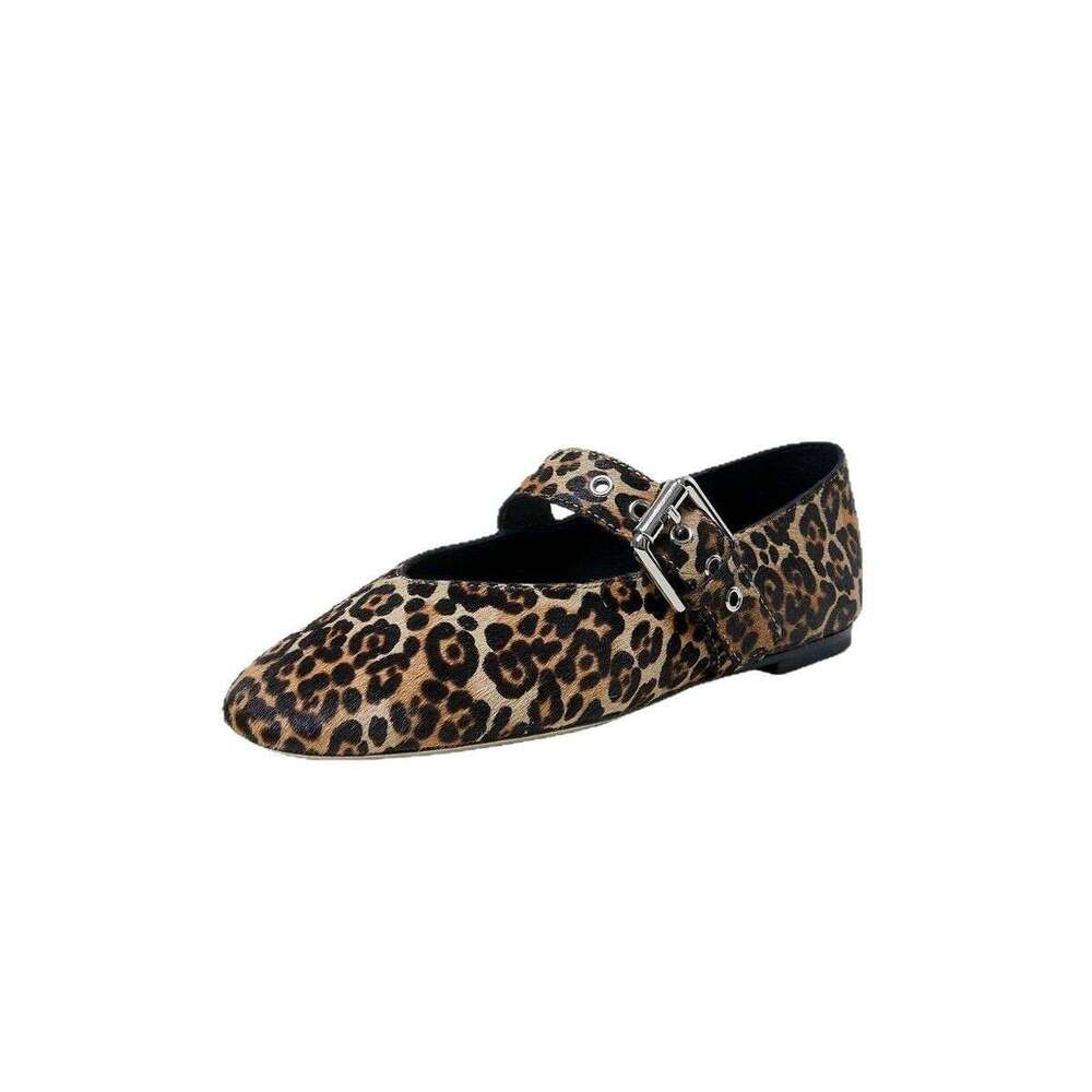 Genuine Leather Niche Horsehair Leopard Print One-Strap Single for Women 2025 Spring Summer Square Toe Shallow Mouth Flat Mary Jane Shoes