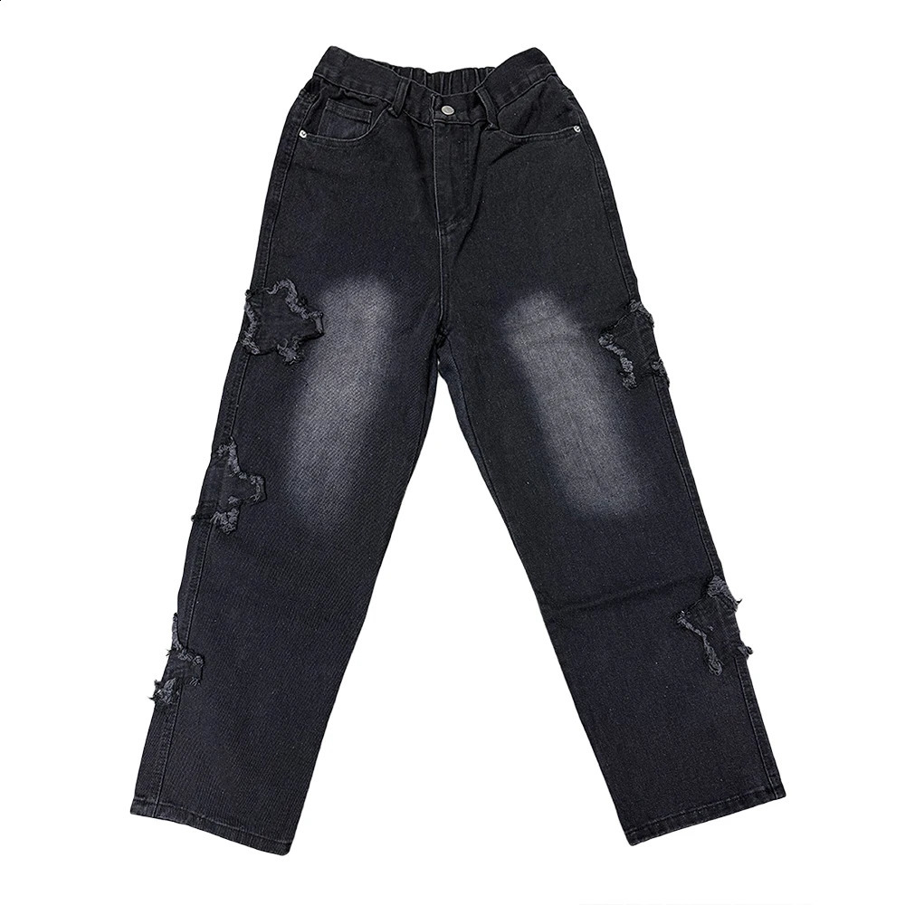Stars Patchwork Men Jeans Fashion Y2K Tassel Pants Korea Clothes Straight Hip Hop Splicing Trousers Male Streetwear 250526
