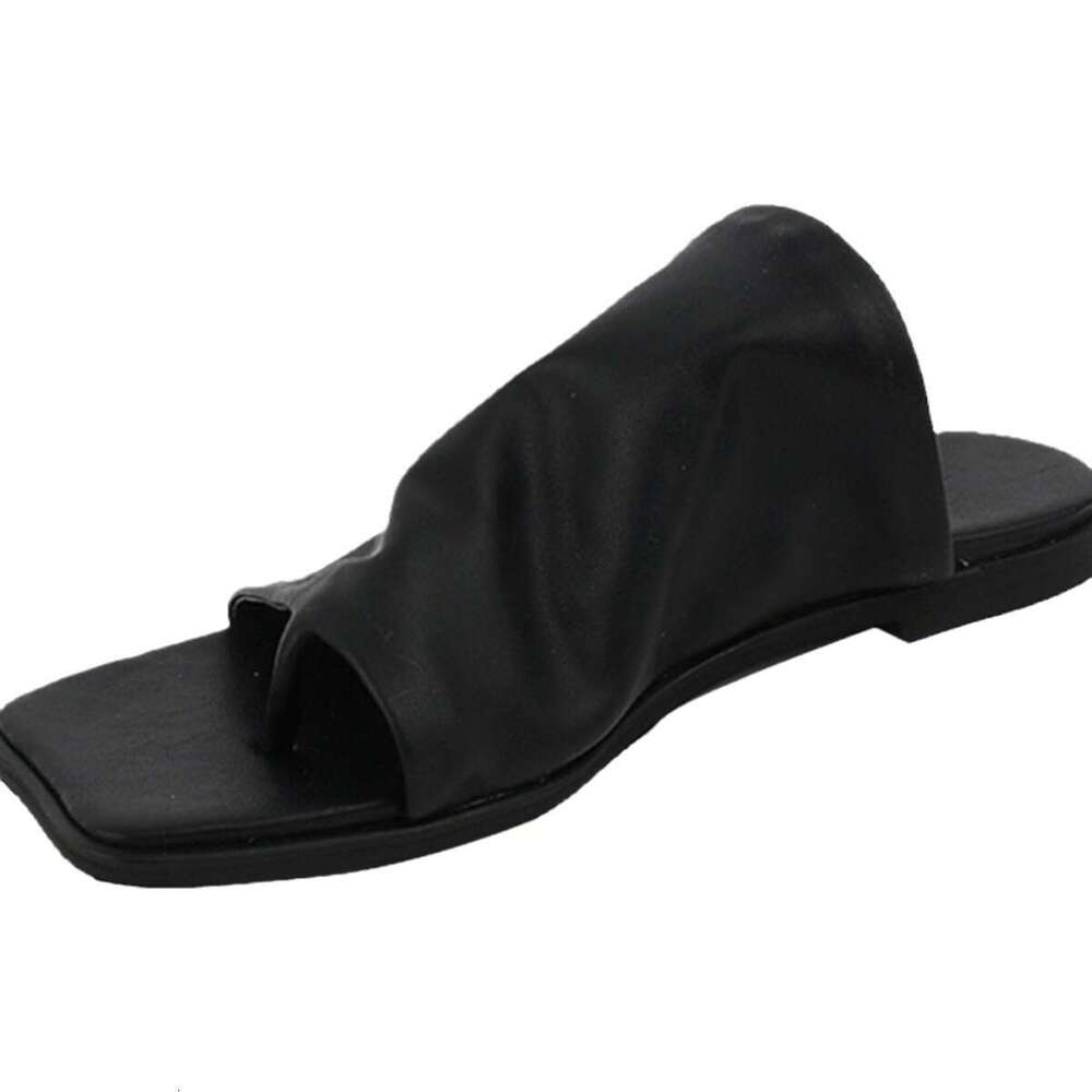 Korean Style Genuine Square Backless Simple Soft Leather Women's Outdoor Fashion Summer New Beach Toe Post Sandals
