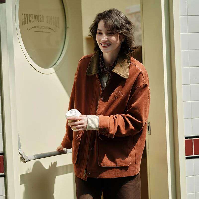 Semir Coat Women Medium Length Color-Blocking Corduroy Collar Retro New Autumn Embroidery Loose Fashion Jacket