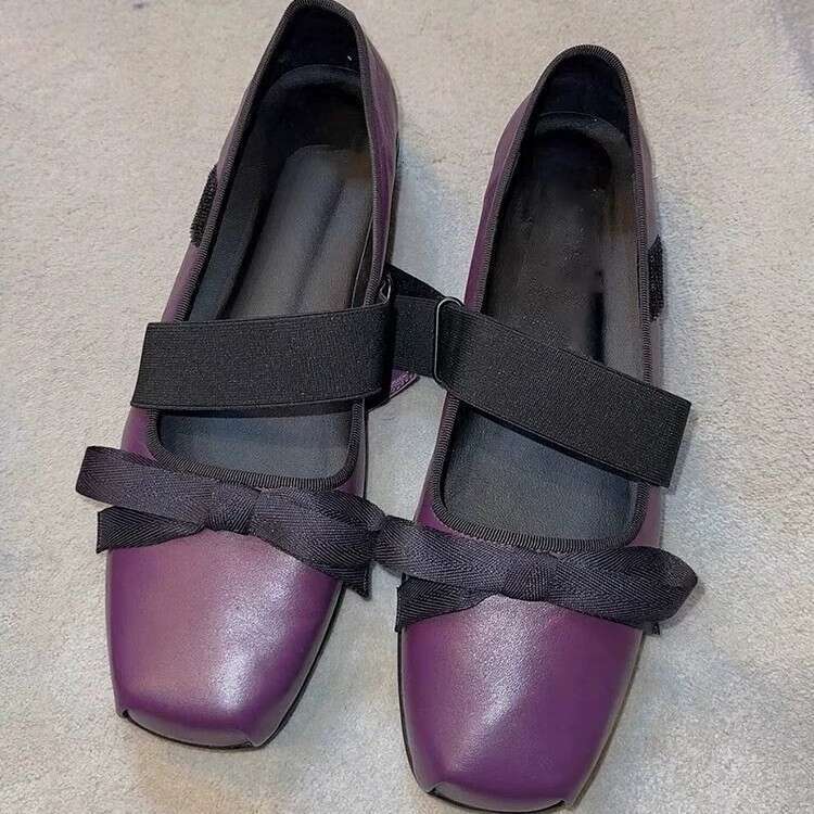 Genuine Leather Niche Bowknot Cross Velcro Low Heel Square Toe Ballet Shoes for Women 2025 Spring Mary Jane Flats