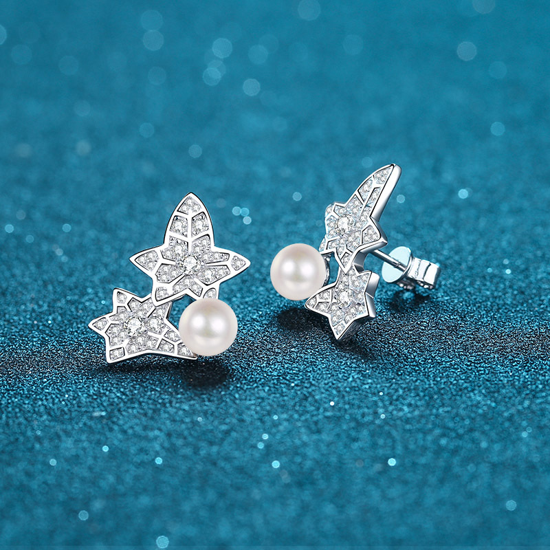 925 Sterling Silver Freshwater Pearl Floral Leaf Earrings with Flawless Moissanite Studs Popular Network Style Wholesale