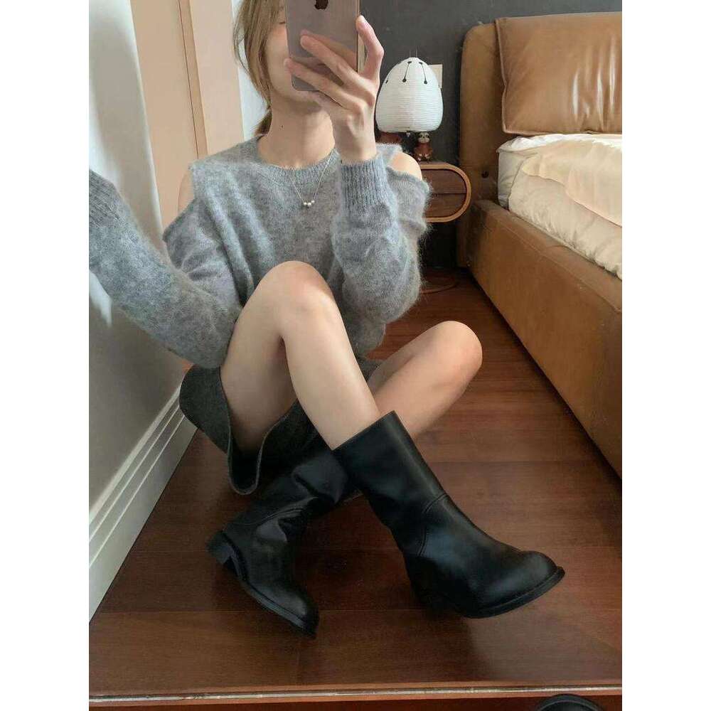 Niche Suede Round Toe Western Cowboy for Women 2024 New Thick Heel Pull-On Martin Slim Boots