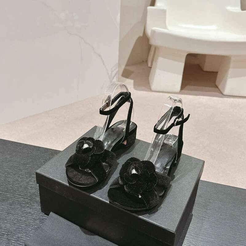 Genuine Leather Velvet Small Fragrance Camellia Strap Sandals for Women 2025 Spring Summer New Thick Heel Round Toe Slippers