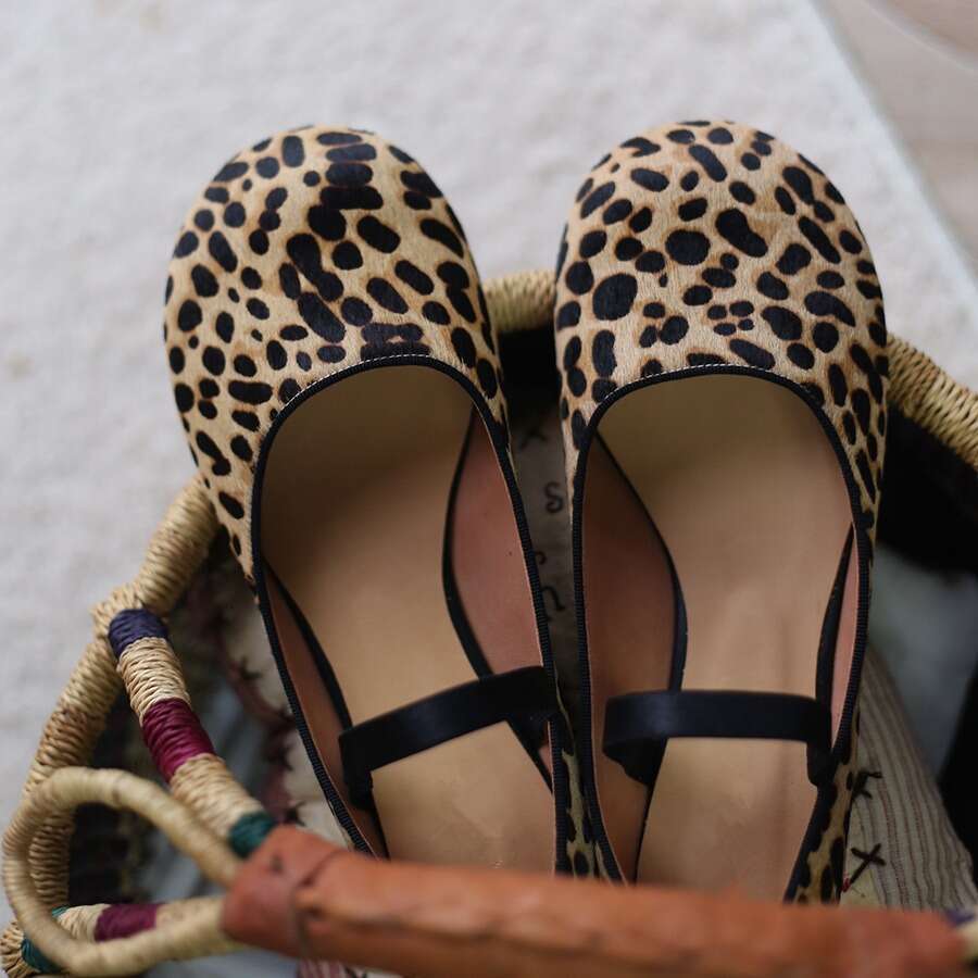 Genuine Leather Round Toe Leopard Print Shallow Mouth Mary Jane Shoes for Women Summer Autumn Ballet Flats